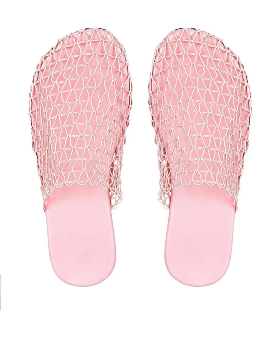 Women's Pink Summer Fishnet Mesh Through Hollow Out Slip On Slides Flat Sandals